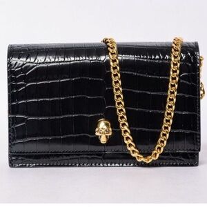 Alexander McQueen Black Crocodile-Embossed Bag with Gold Skull